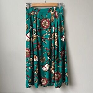 Vintage Skirt Women's Medium Hunting Novelty Print Green Fox Dogs Midi Pleated